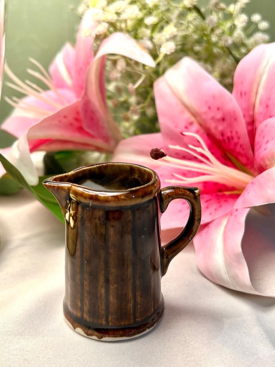 Vintage Brown Ceramic Milk Jug Ribbed Glaze 8cm