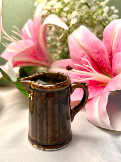 Vintage Brown Ceramic Milk Jug Ribbed Glaze 8cm
