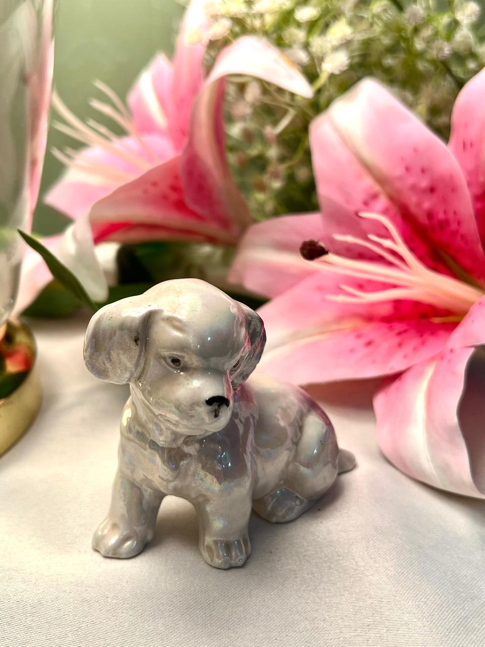 Vintage Ceramic Puppy Figurine Grey White 9cm