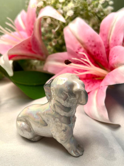 Vintage Ceramic Puppy Figurine Grey White 9cm