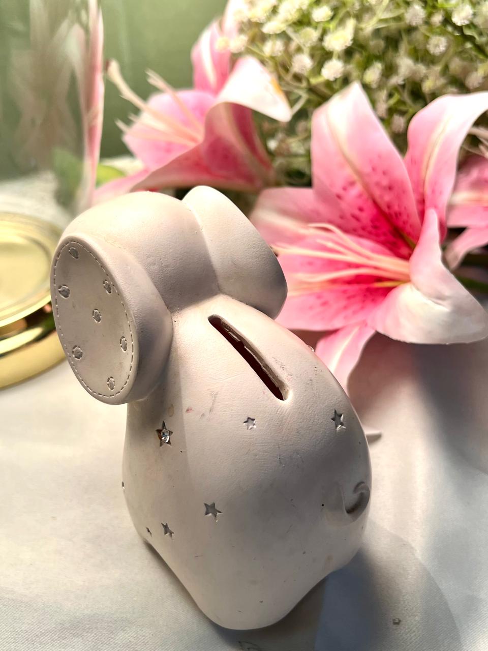 Vintage White Elephant Money Box Star Detail 10cm