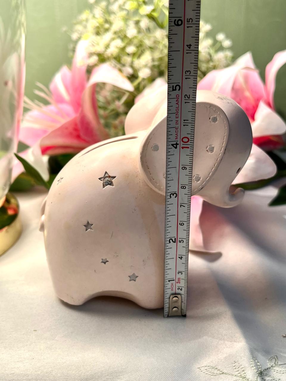 Vintage White Elephant Money Box Star Detail 10cm