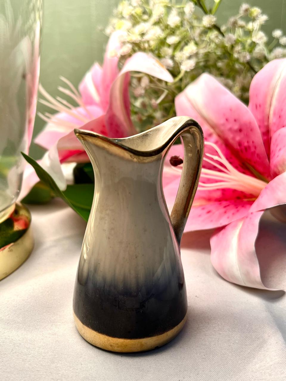 Vintage Cream Black Ceramic Bud Vase Gold Trim 10cm