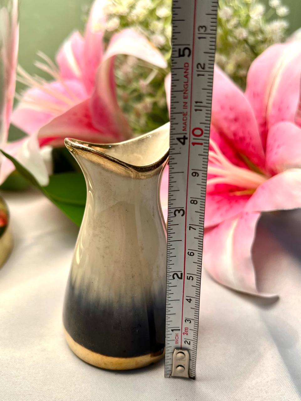 Vintage Cream Black Ceramic Bud Vase Gold Trim 10cm
