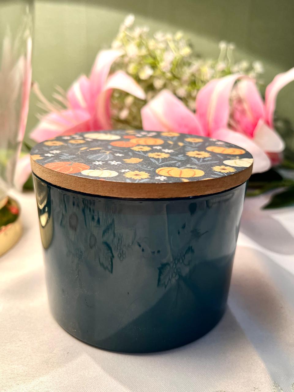 Vintage Teal Lidded Storage Tin Pumpkin Floral Design 10cm