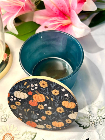 Vintage Teal Lidded Storage Tin Pumpkin Floral Design 10cm