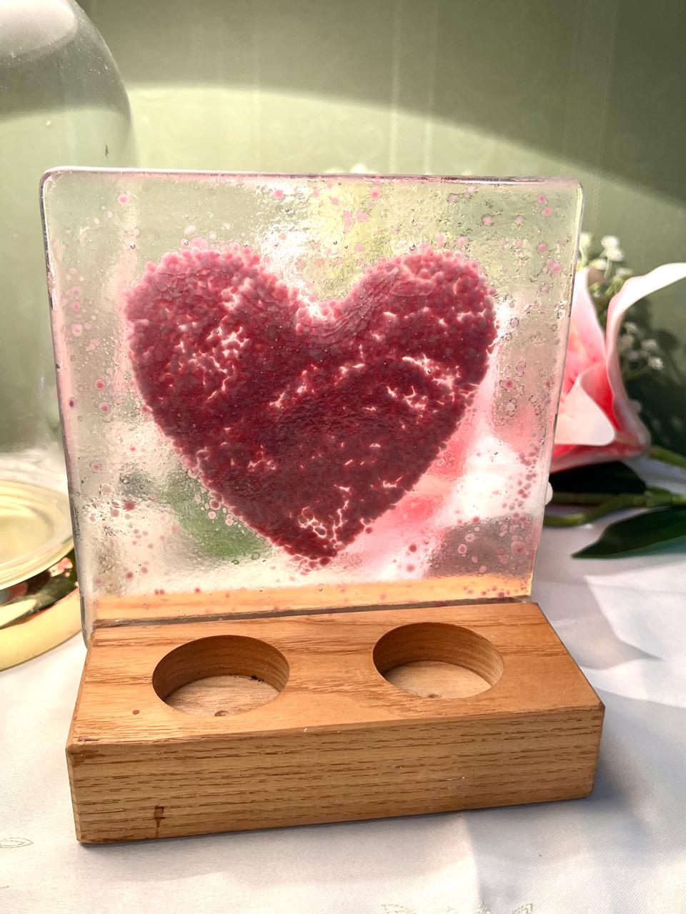 Vintage Pink Heart Crystal Tealight Holder Wood Base 17cm