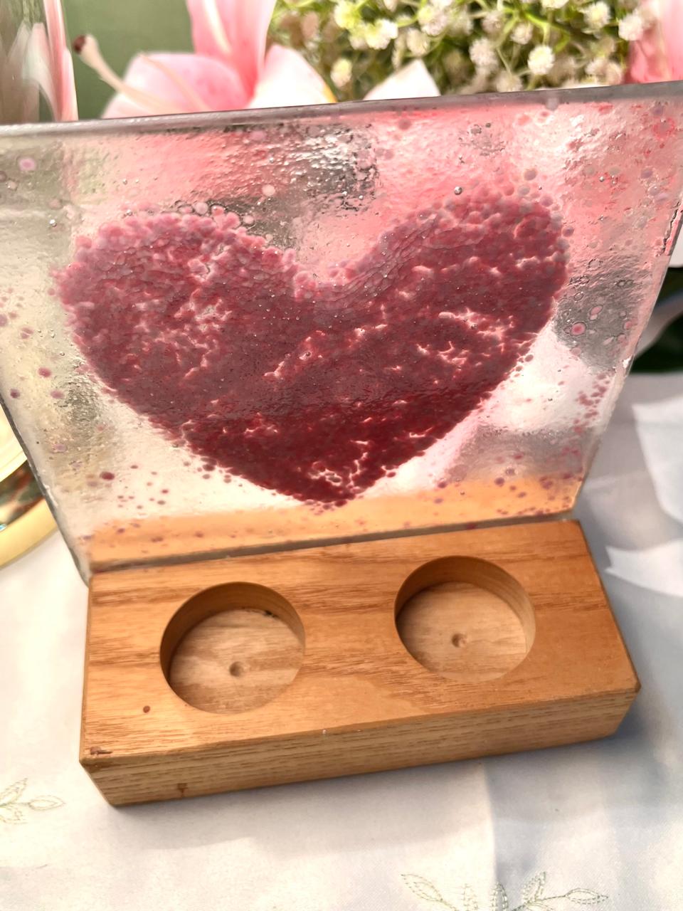 Vintage Pink Heart Crystal Tealight Holder Wood Base 17cm