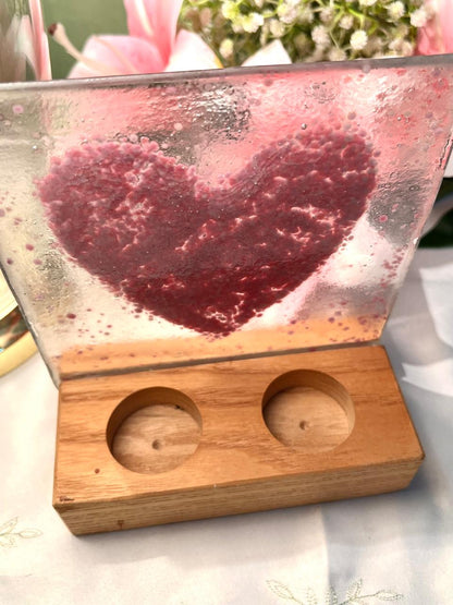 Vintage Pink Heart Crystal Tealight Holder Wood Base 17cm