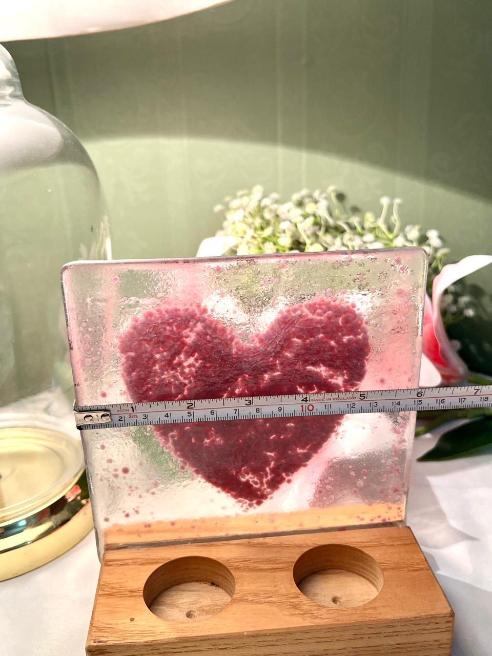 Vintage Pink Heart Crystal Tealight Holder Wood Base 17cm