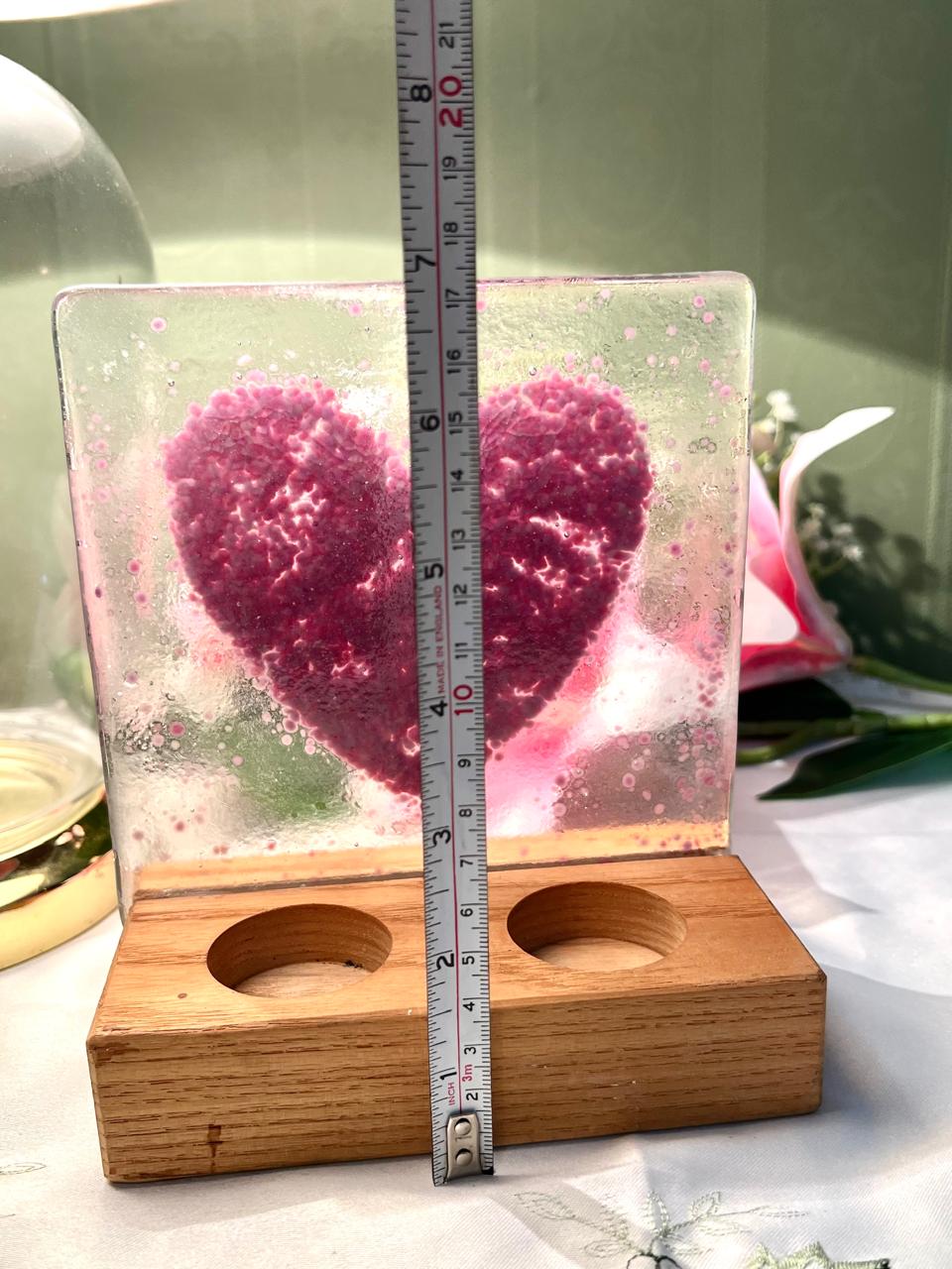 Vintage Pink Heart Crystal Tealight Holder Wood Base 17cm