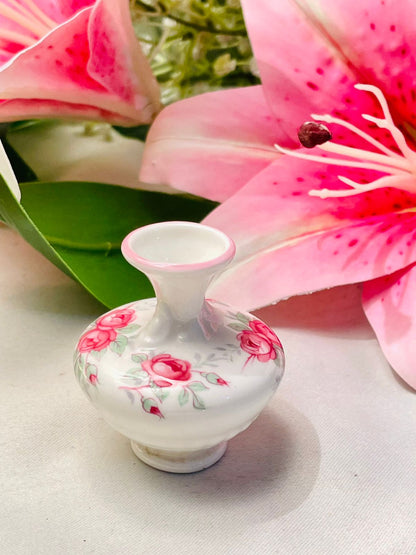Vintage Miniature Floral Vase with Pink Rose Design