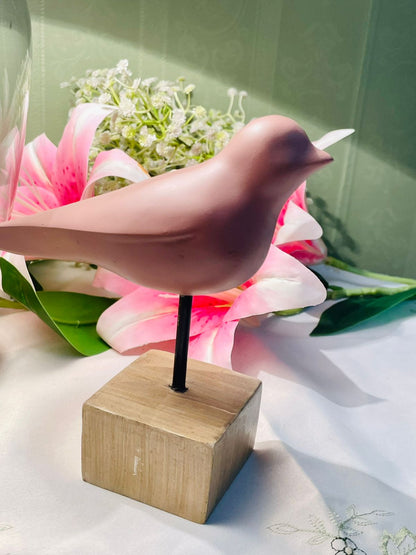Vintage Pink Bird Sculpture on Wooden Base 15cm
