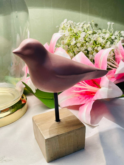 Vintage Pink Bird Sculpture on Wooden Base 15cm
