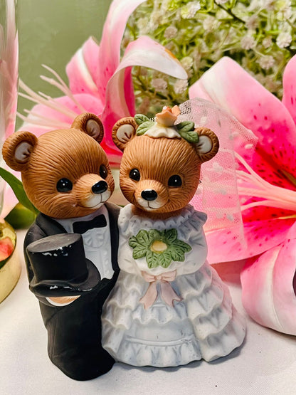 Vintage Wedding Teddy Bear Figurine Pair Bride & Groom 11cm