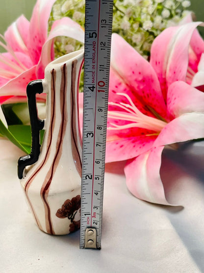 Vintage hand painted Cream & Brown Striped Miniature Jug Vase 11cm