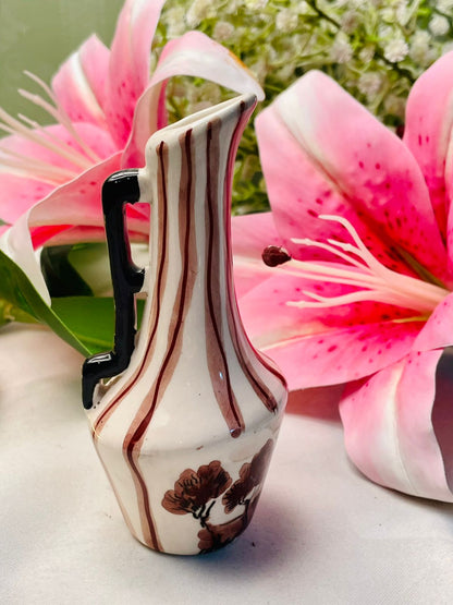 Vintage hand painted Cream & Brown Striped Miniature Jug Vase 11cm