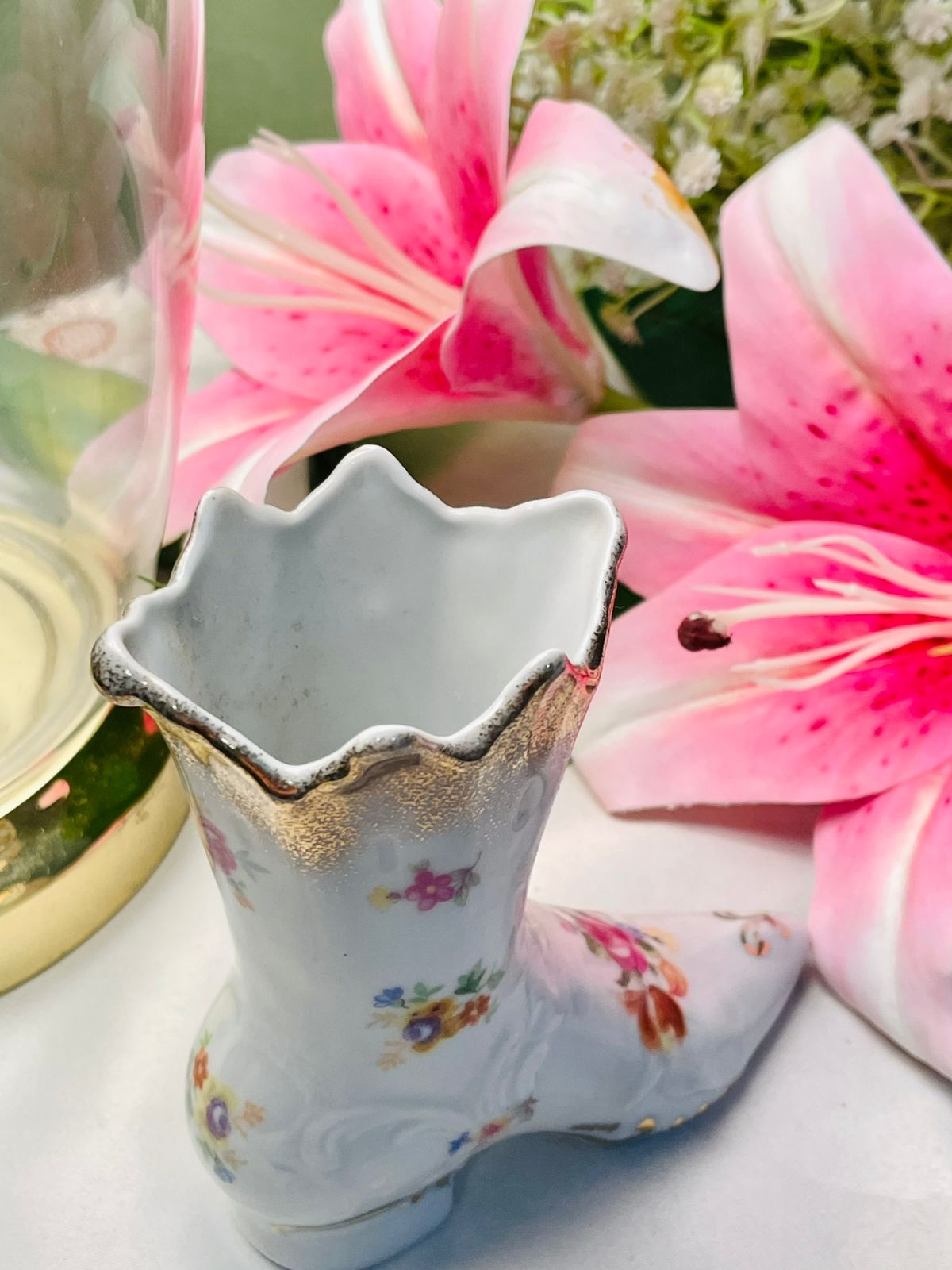Vintage Floral Porcelain Shoe Vase with Gold Trim 12cm