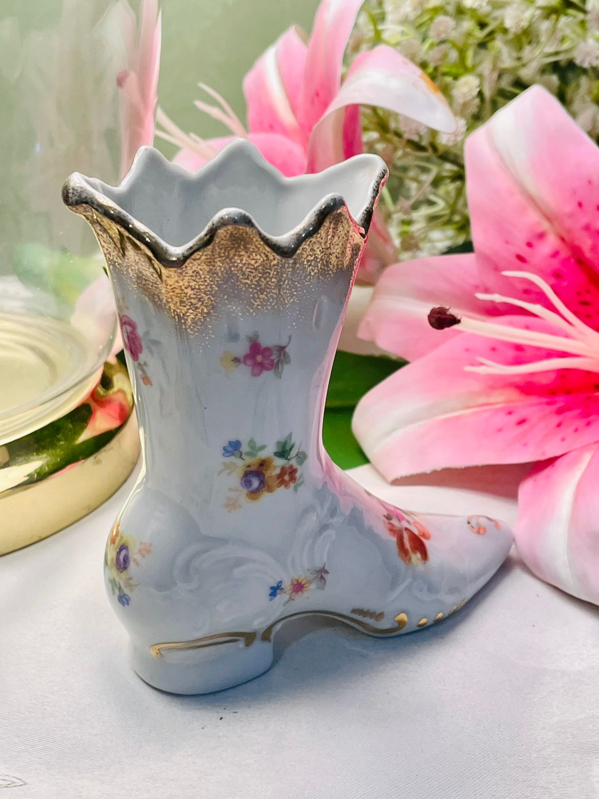 Vintage Floral Porcelain Shoe Vase with Gold Trim 12cm
