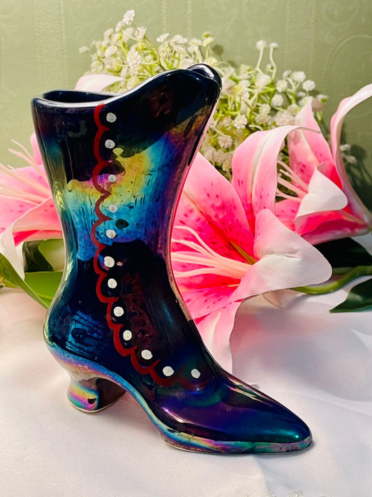 Vintage Blue Iridescent Shoe Vase Decorative Floral Design 16cm