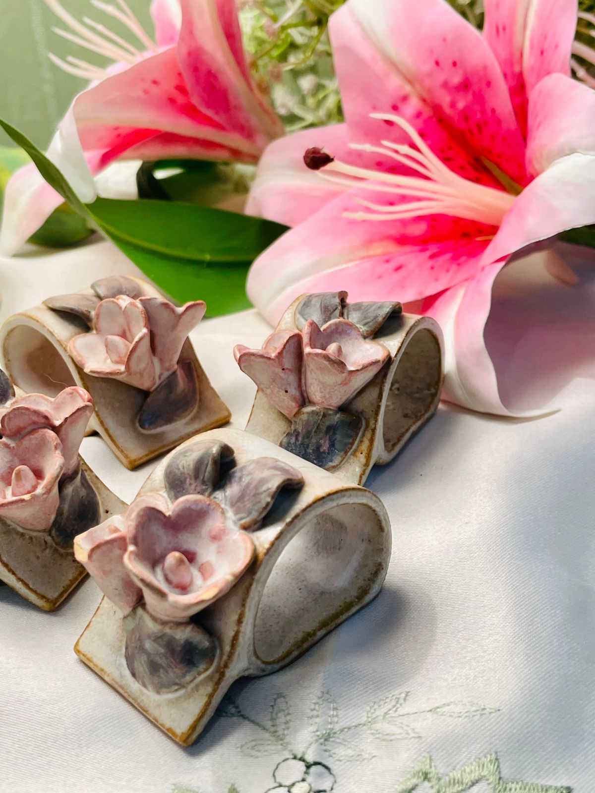 Pink Floral Ceramic Napkin Rings Set of 4, 6 cm