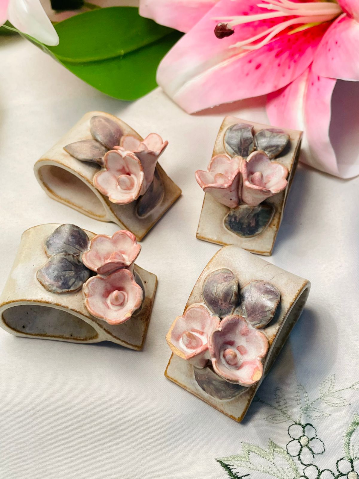 Pink Floral Ceramic Napkin Rings Set of 4, 6 cm