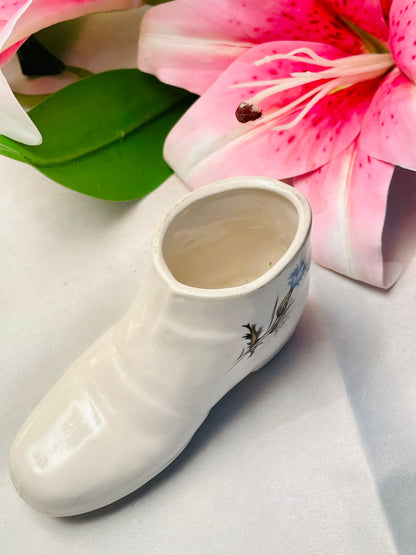 White Ceramic Shoe Planter with Blue Floral Detail, 10 cm