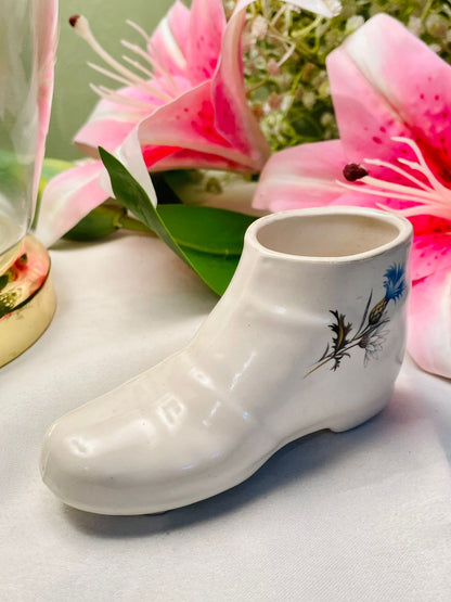 White Ceramic Shoe Planter with Blue Floral Detail, 10 cm