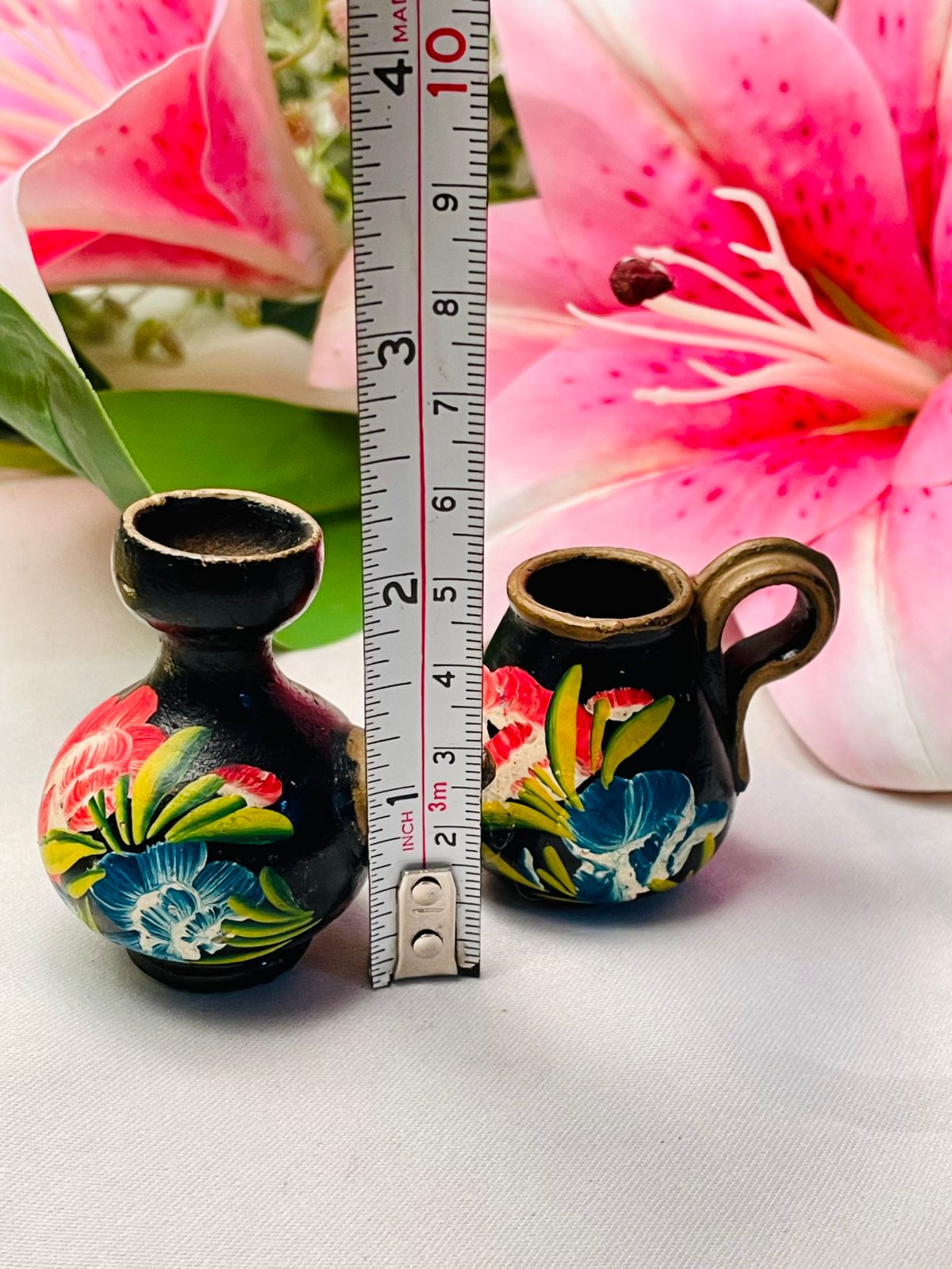 Miniature Floral Ceramic Vessels Set of 2, 6 cm