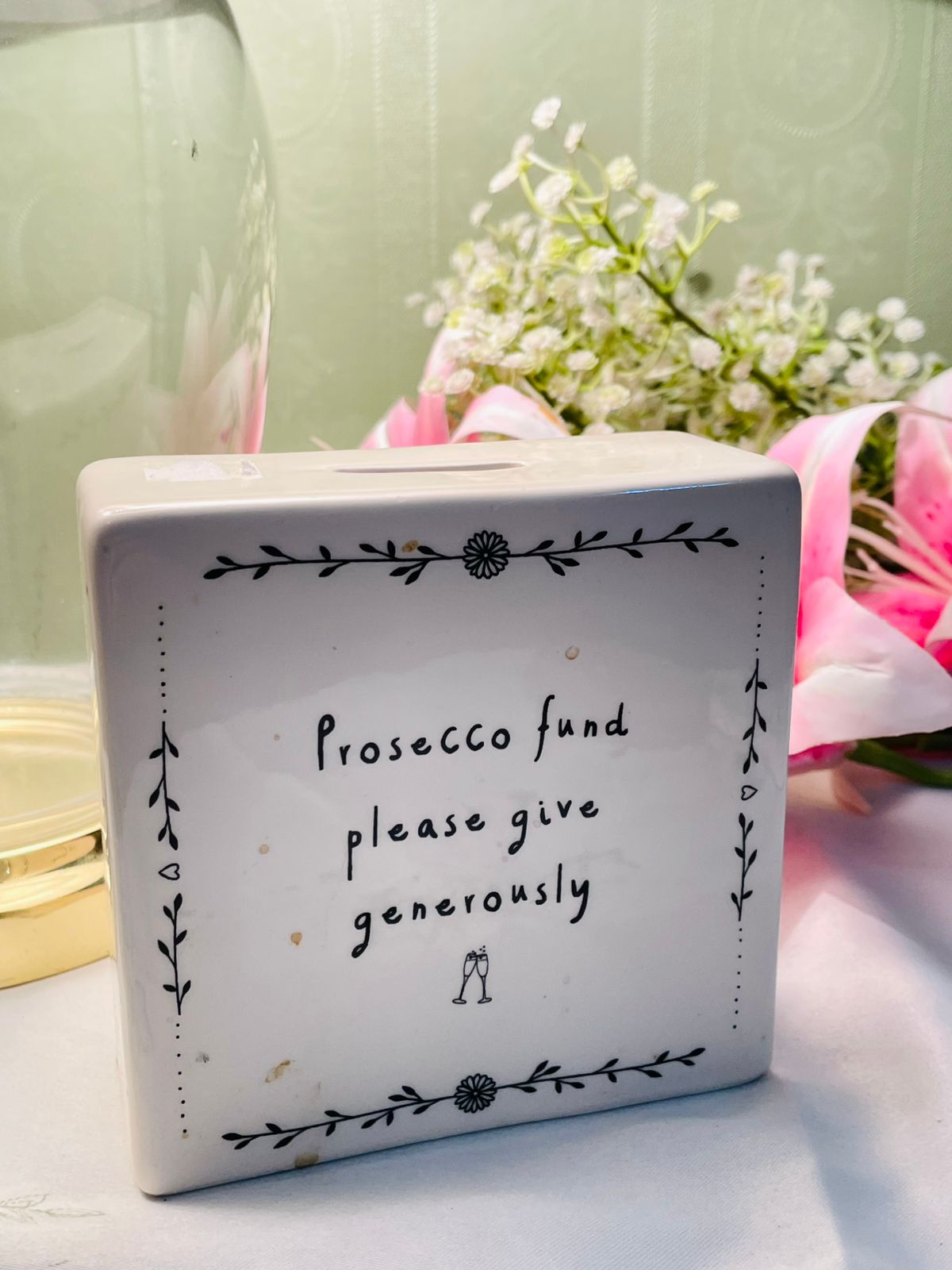 White Ceramic Prosecco Fund Money Box, 12 cm