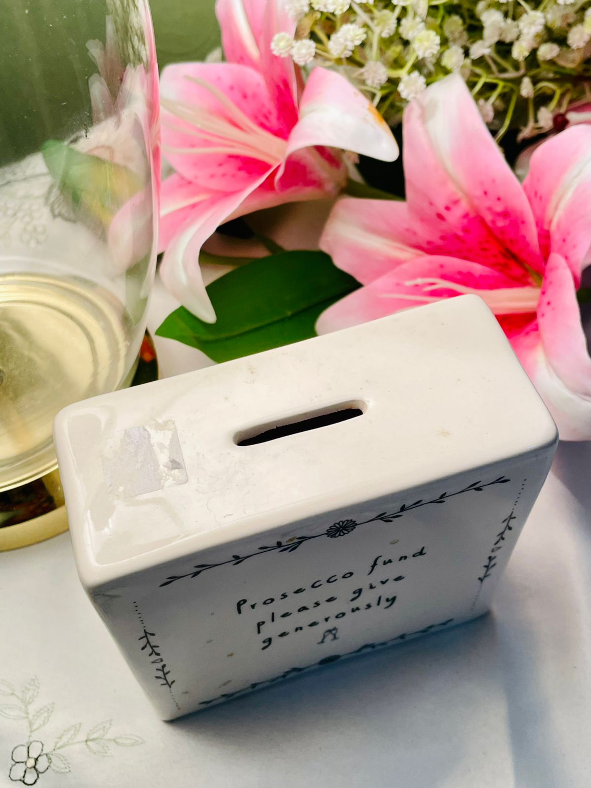White Ceramic Prosecco Fund Money Box, 12 cm