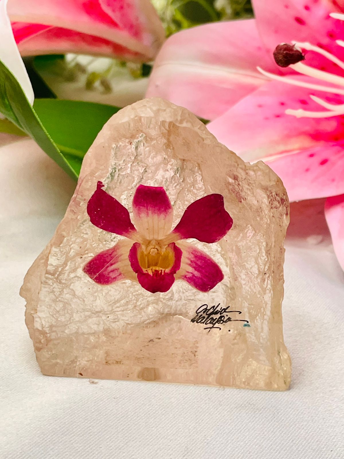 Pink Orchid Crystal Paperweight Ornament, 6 cm