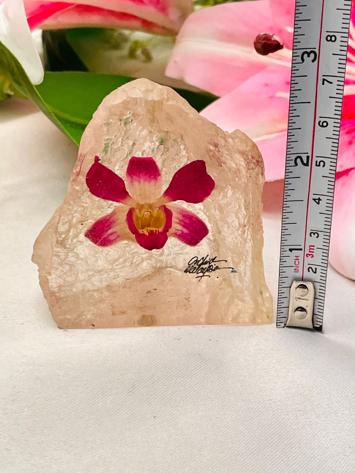 Pink Orchid Crystal Paperweight Ornament, 6 cm