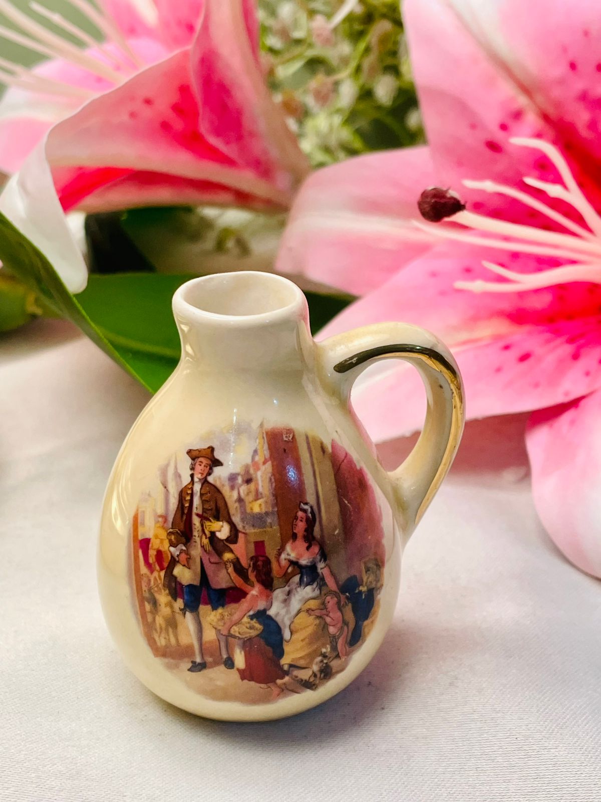 Limoges Cream Ceramic Miniature Jug with Figurative Scene, 7 cm