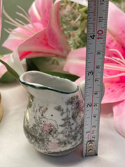 White japaness Ceramic Mini Jug with Oriental Floral Scene, 7 cm