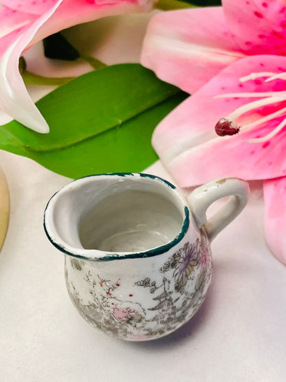 White japaness Ceramic Mini Jug with Oriental Floral Scene, 7 cm