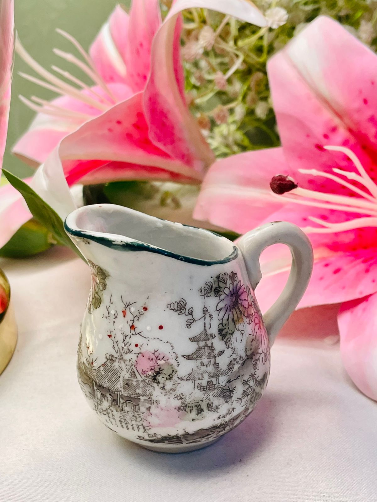 White japaness Ceramic Mini Jug with Oriental Floral Scene, 7 cm
