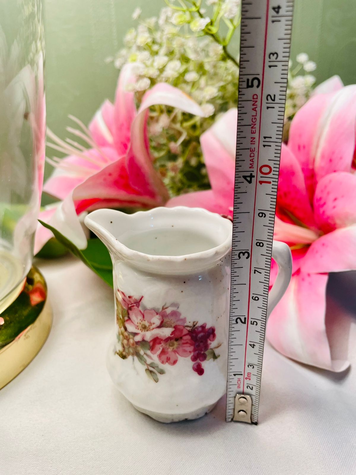 Vintage Floral Ceramic Milk Jug Creamer Pink White 3.2 Inch