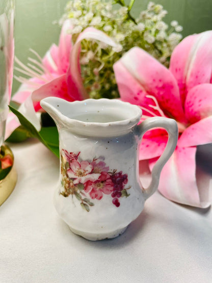 Vintage Floral Ceramic Milk Jug Creamer Pink White 3.2 Inch