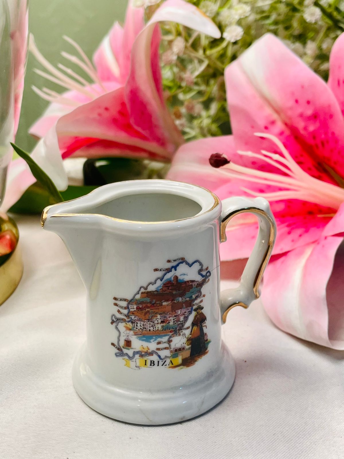 Vintage Ibiza Ceramic Creamer Jug Gold-Tone Trim 3 Inch