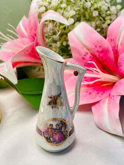 Vintage Limoges Iridescent Ceramic Jug Romantic Scene Gold Trim 4 Inch