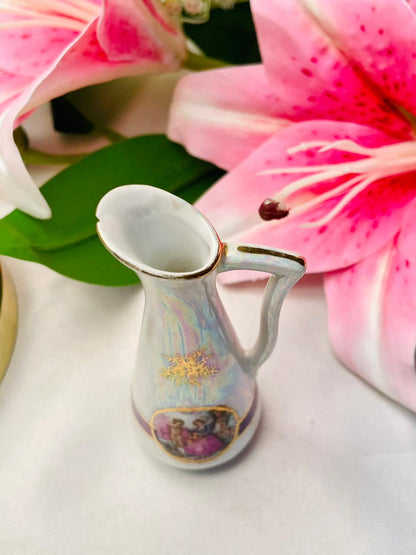 Vintage Limoges Iridescent Ceramic Jug Romantic Scene Gold Trim 4 Inch