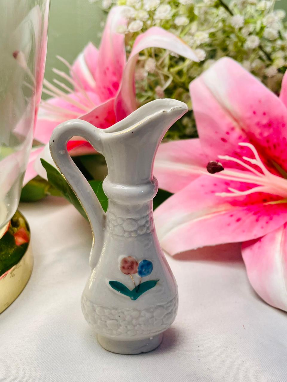 Vintage White Ceramic Floral Jug Textured 4 Inch
