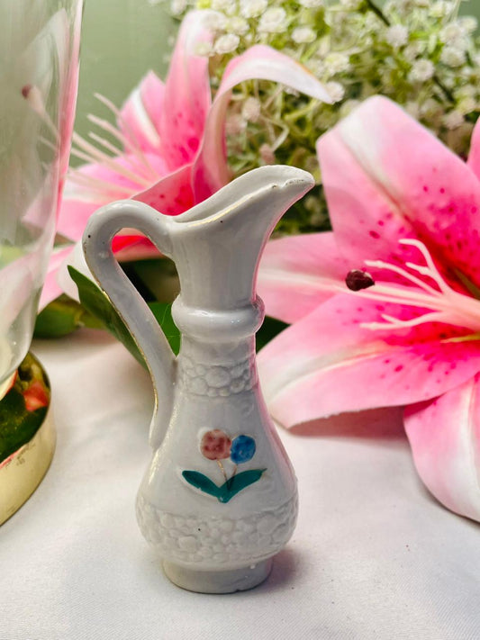 Vintage White Ceramic Floral Jug Textured 4 Inch