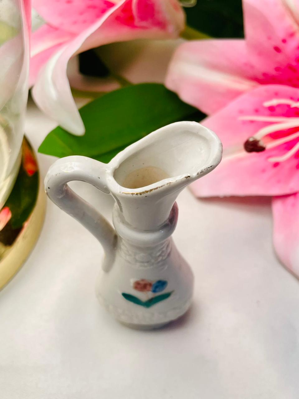 Vintage White Ceramic Floral Jug Textured 4 Inch