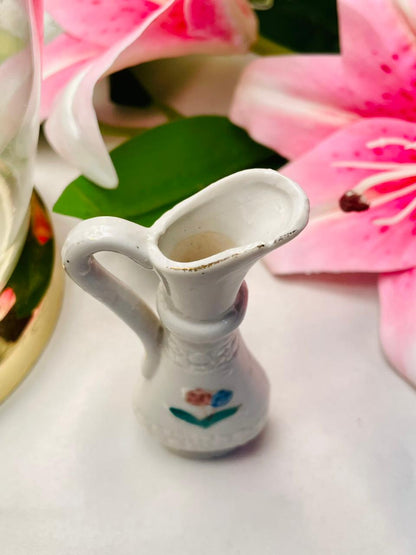 Vintage White Ceramic Floral Jug Textured 4 Inch
