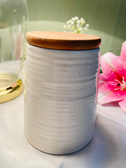 Vintage White Coffee Storage Jar Airtight with Wooden Lid Approx. 15 cm