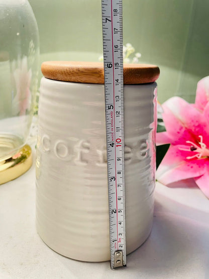 Vintage White Coffee Storage Jar Airtight with Wooden Lid Approx. 15 cm