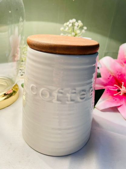 Vintage White Coffee Storage Jar Airtight with Wooden Lid Approx. 15 cm