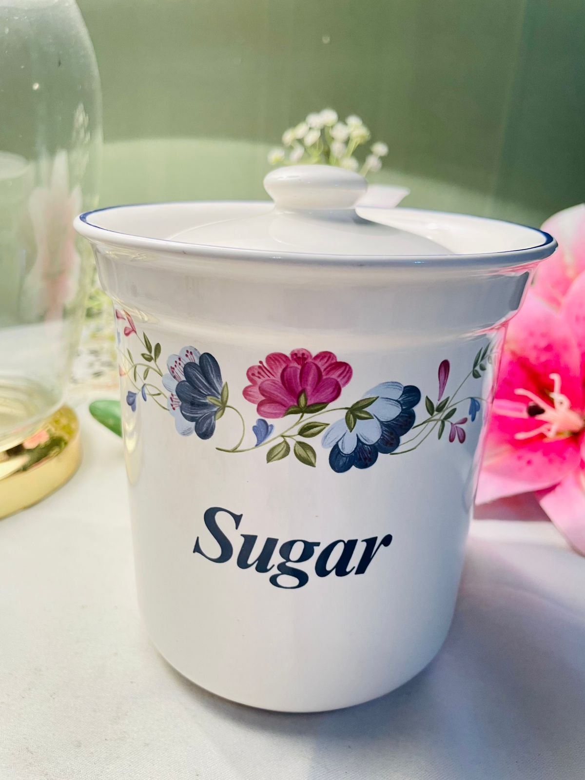 Priory Tableware Floral Sugar Jar Oven-Safe 15 cm Airtight
